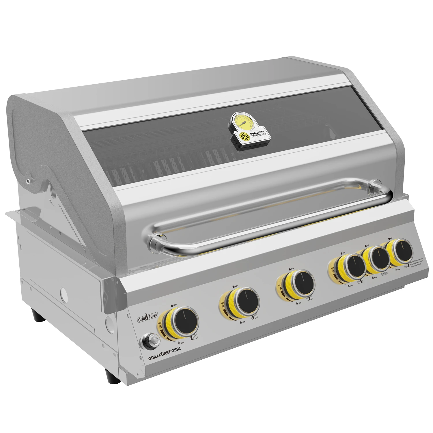 Grillfürst G591E Borussia Dortmund Edition 5-Brenner Einbaugrill Mit Heckbrenner Und Edelstahl Rosten 2 Grillfürst G591E Borussia Dortmund Edition 5-Brenner Einbaugrill Mit Heckbrenner Und Edelstahl Rosten – Bild 2