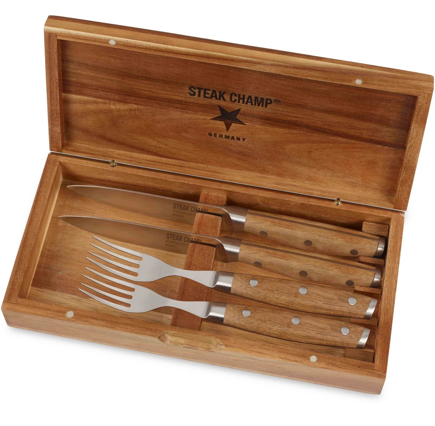 Steak Champ Gourmet Steakbesteck Set: 2 Steakmesser Und 2 Gabeln 1 Steak Champ Gourmet Steakbesteck Set: 2 Steakmesser Und 2 Gabeln